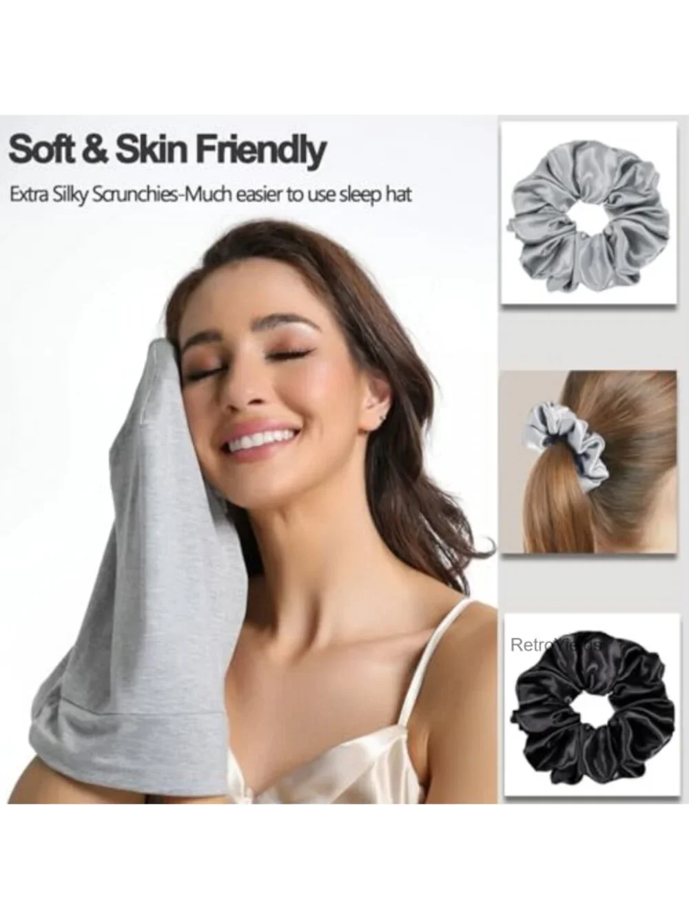 Satin Lined Sleep Bonnet for Women Adjustable Hair Wrap Cap with Scrunchies